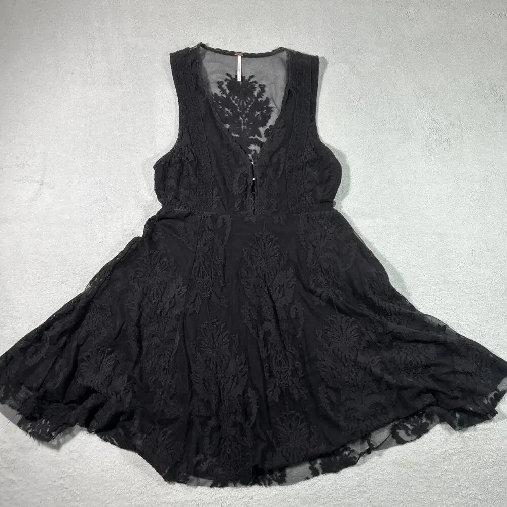 Free People Renaissance Gothic Medieval Floral Lace Dress Sz 0 15x32 Black Knit